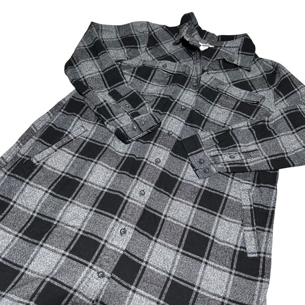 Duluth Trading Flannel Tunic Women XL Gray Black Plaid Long Sleeve Shirt Pocket
